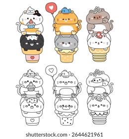 Coloring pages.Set of cute cats on ice cream cone.Meow.Kitten.Strawberry cupcake,balloon,heart,flower,butterfly.Sweet and dessert.Pet animal character cartoon design.Painting book.Kawaii.Vector.