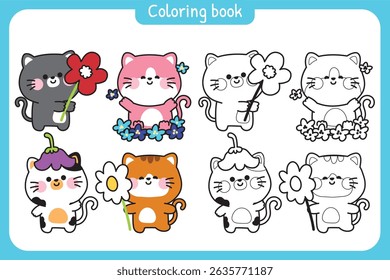 Coloring pages.Set of cute cats with various flower.Spring.Nature.Meow.Kitten.Pet animal character cartoon design.Painting book.Kawaii.Vector.Illustration.