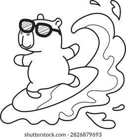 Coloring pages of cute characters of capybara playing surfing in the sea