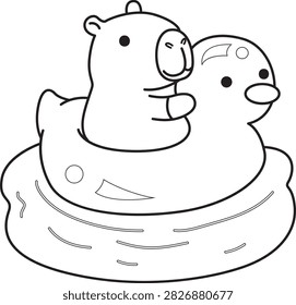 Coloring pages of cute characters of capybara swimming with duck tire