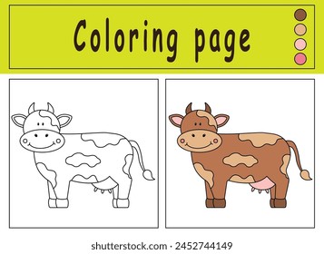 Coloring pages with cute cow . Cartoon vector illustration. Coloring and colored image of cow. Illustration for design, preschool education, print and game.