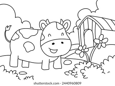 Coloring Pages Cute Cow with a farm of meadows, trees, mountains and clouds. Printable Coloring book Outline black and white. 