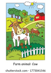 Coloring pages with cute cow gracing on the farm meadow. Cartoon vector illustration. Stock illustration for design, preschool education, print and game.