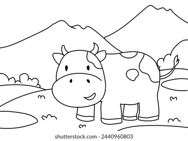 Coloring Pages Cute Cow with a landscape of meadows, trees, mountains and clouds. Printable Coloring book Outline black and white. 