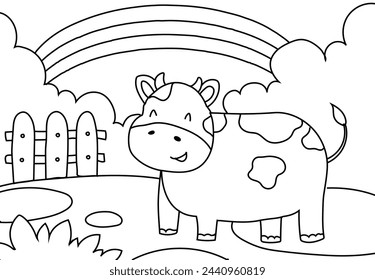 Coloring Pages Cute Cow with a landscape of meadows, rainbow and clouds. Printable Coloring book Outline black and white. 