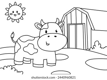 Coloring Pages Cute Cow with a landscape of meadows, trees, mountains and clouds. Printable Coloring book Outline black and white.