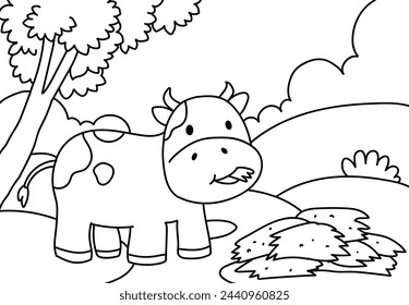 Coloring Pages Cute Cow with a landscape of meadows, trees, mountains and clouds. Printable Coloring book Outline black and white.