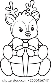 Coloring pages of Cute Deer icon. outline of deer bring a gift box