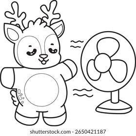 Coloring pages of Cute Deer icon. outline of deer feel the air from the fan