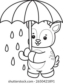 Colorir páginas de ícone de veado bonito. contorno de veado trazer um guarda-chuva 