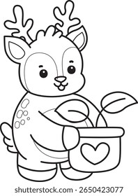 Coloring pages of Cute Deer icon. outline of deer bring a leaves in the pot