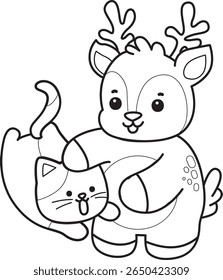 Colorir páginas de bonito Deer ícone. contorno de veado com gatinho