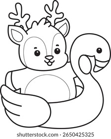 Colorir páginas do ícone Cute Deer. contorno de veado preso no pneu flamingo