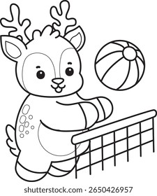 Coloring pages of Cute Deer icon. outline of deer playing a volley ball