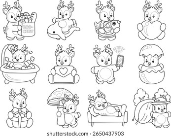 Coloring pages of Cute Deer icon. outline of deer in the variation of daily life 