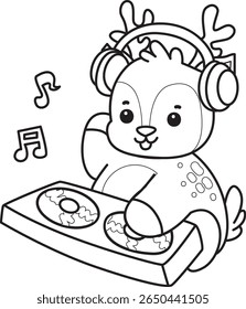 Colorir páginas do ícone Cute Deer. contorno de veado tocando um disco no pub