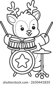 Coloring pages of Cute Deer icon. outline of deer playing a drum in the band