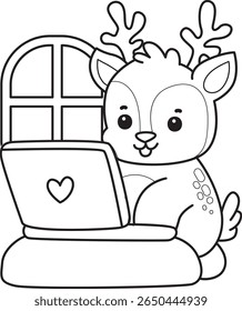 Coloring pages of Cute Deer icon. outline of deer typing with notepad