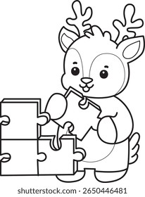 Coloring pages of Cute Deer icon. outline of deer playing a puzzle
