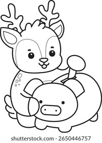Coloring pages of Cute Deer icon. outline of deer savings money in the Piggy bank