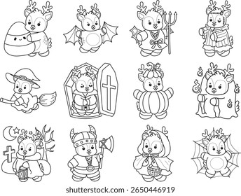 Coloring pages of Cute Deer icon. outline of deer in the variation of Halloween party