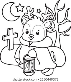 Coloring pages of Cute Deer icon. outline of deer wearing a red Hoodie in the grave