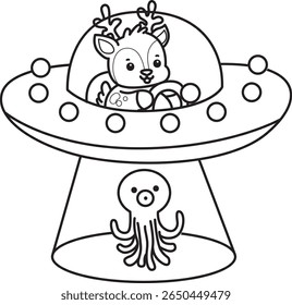 Coloring pages of Cute Deer icon. outline of deer riding a space ship
