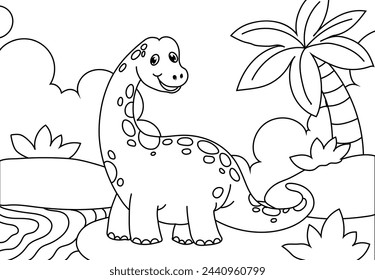 Coloring Pages Cute Dinosaur of meadows, trees, mountains and clouds. Printable Coloring book Brontosaurus Outline black and white.