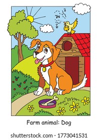 Coloring pages with cute dog listening a song of a bird. Cartoon vector illustration. Stock illustration for design, preschool education, print and game. 