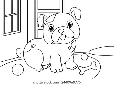 Coloring Pages of Cute Dog. Printable Coloring book Outline black and white.