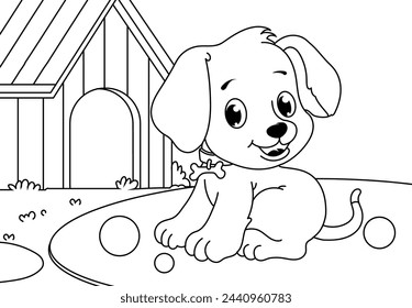 Coloring Pages Cute Dog. Printable Coloring book Outline black and white.