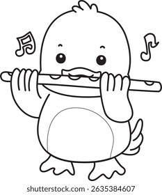 Coloring pages of Cute Duck icon. Outline of Funny baby Duck animal series stock illustration. life of fluffy Duck designs.
outline of duck playing a flute
