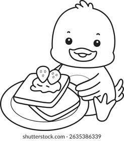 Coloring pages of Cute Duck icon. Outline of Funny baby Duck animal series stock illustration. life of fluffy Duck designs.
outline of duck bring a strawberry bread
