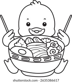 Coloring pages of Cute Duck icon. Outline of Funny baby Duck animal series stock illustration. life of fluffy Duck designs.
outline of duck want to eating ramen
