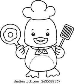 Coloring pages of Cute Duck icon. Outline of Funny baby Duck animal series stock illustration. life of fluffy Duck designs.
outline of duck want to cooking g egg
