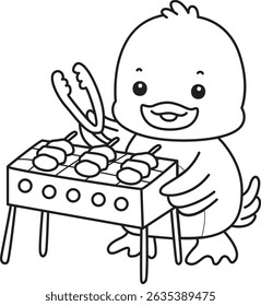 Coloring pages of Cute Duck icon. Outline of Funny baby Duck animal series stock illustration. life of fluffy Duck designs.
outline of duck grill the barbecue
