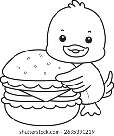 Colorir páginas do ícone de Pato Bonito. Contorno de engraçada bebê pato série animal ilustração de estoque. vida de desenhos de pato fofo.
esboço de pato trazer um grande hambúrguer
