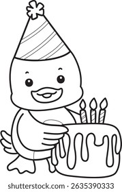 Coloring pages of Cute Duck icon. Outline of Funny baby Duck animal series stock illustration. life of fluffy Duck designs.
outline of duck bring a birthday cake
