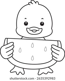Colorir páginas do ícone de Pato Bonito. Contorno de engraçada bebê pato série animal ilustração de estoque. vida de desenhos de pato fofo.
contorno de pato trazer uma melancia
