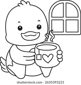 Colorir páginas do ícone de Pato Bonito. Contorno de engraçada bebê pato série animal ilustração de estoque. vida de desenhos de pato fofo.
esboço de pato desfrutar com chá quente
