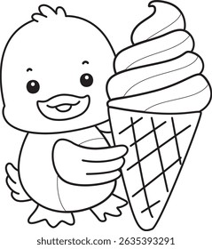 Coloring pages of Cute Duck icon. Outline of Funny baby Duck animal series stock illustration. life of fluffy Duck designs.
outline of duck bring a strawberry ice cream
