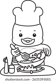 Coloring pages of Cute Duck icon. Outline of Funny baby Duck animal series stock illustration. life of fluffy Duck designs.
outline of duck cooking a fried rice
