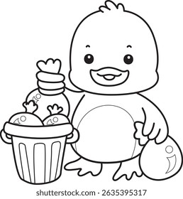 Coloring pages of Cute Duck icon. Outline of Funny baby Duck animal series stock illustration. life of fluffy Duck designs.
outline of duck throw the garbage into its place

