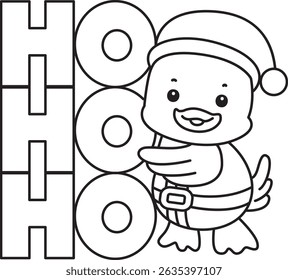 Coloring pages of Cute Duck icon. Outline of Funny baby Duck animal series stock illustration. life of fluffy Duck designs.
outline of duck bring a ho ho ho text
