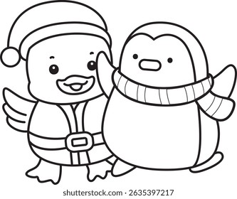 Coloring pages of Cute Duck icon. Outline of Funny baby Duck animal series stock illustration. life of fluffy Duck designs.
outline of Santa duck with penguin
