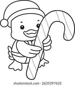 Coloring pages of Cute Duck icon. Outline of Funny baby Duck animal series stock illustration. life of fluffy Duck designs.
outline of duck bring a Christmas candy
