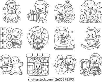 Coloring pages of Cute Duck icon. Outline of Funny baby Duck animal series stock illustration. life of fluffy Duck designs.
outline of Merry Christmas by cute duck
