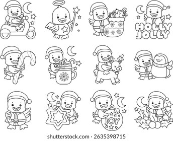 Coloring pages of Cute Duck icon. Outline of Funny baby Duck animal series stock illustration. life of fluffy Duck designs.
outline of duck in the variation of Christmas costume