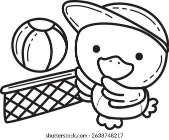 Coloring pages of Cute Duck icon. Outline of fluffy Duck designs.
outline of baby duck playing a volley ball
