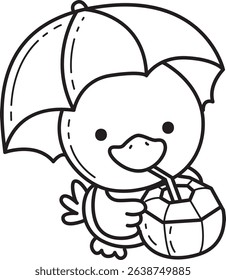Coloring pages of Cute Duck icon. Outline of fluffy Duck designs.
outline of duck drinking a coconut drink
